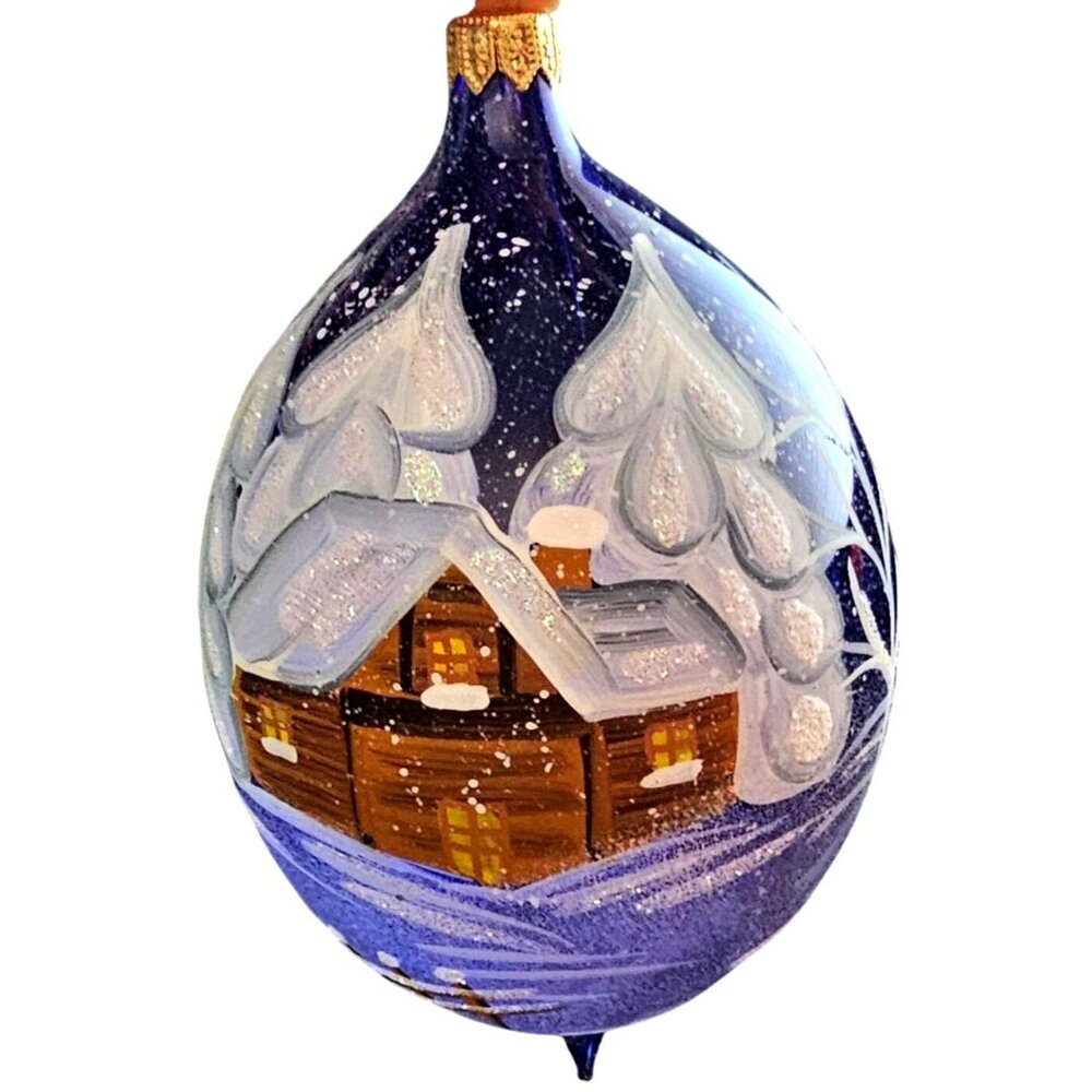 Hand-Painted Glass Christmas Ornament With Snowy Cabin Scene
